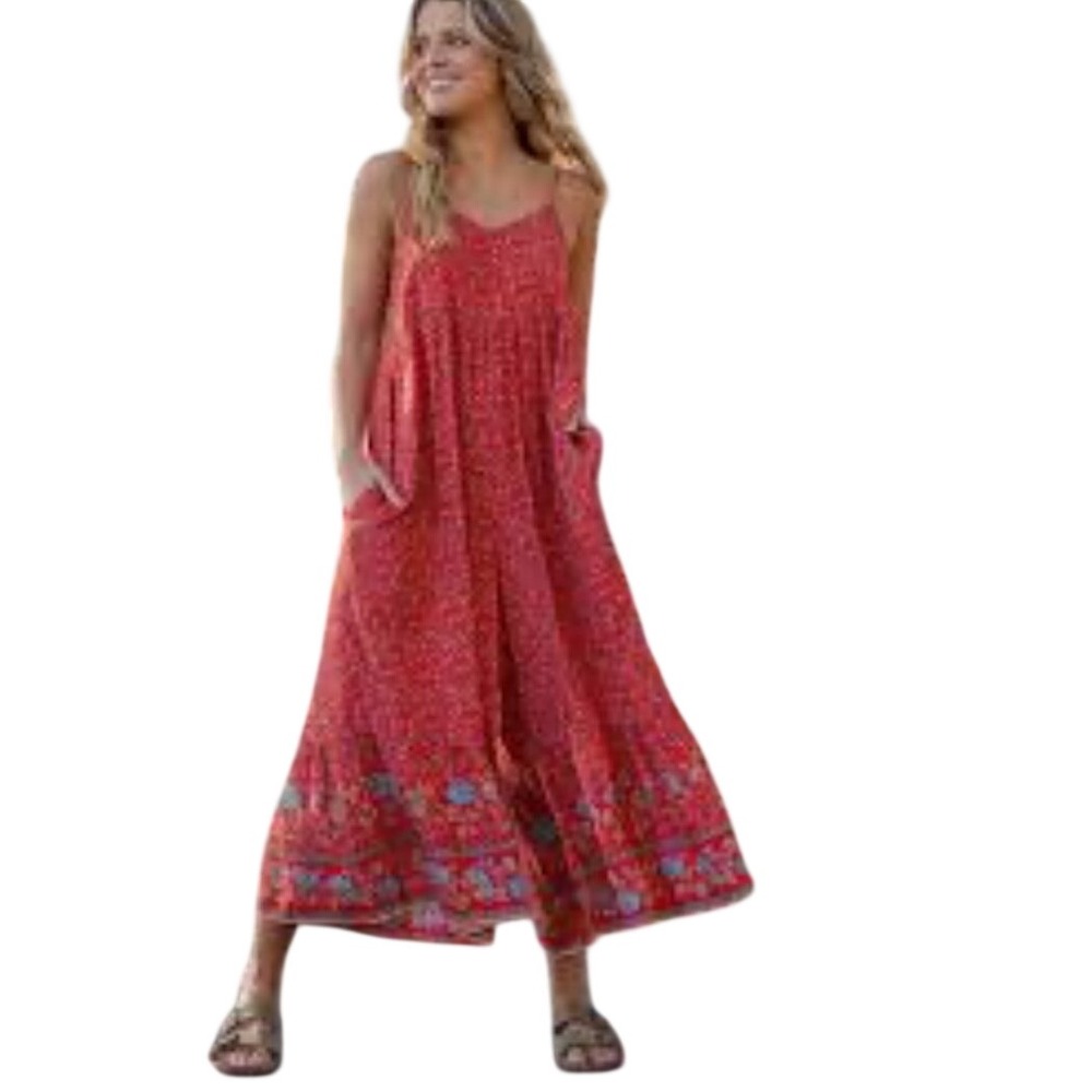 Natural Life Size S Floral Wide Leg Ruffle Hem Jumpsuit Pockets Sleevless Boho